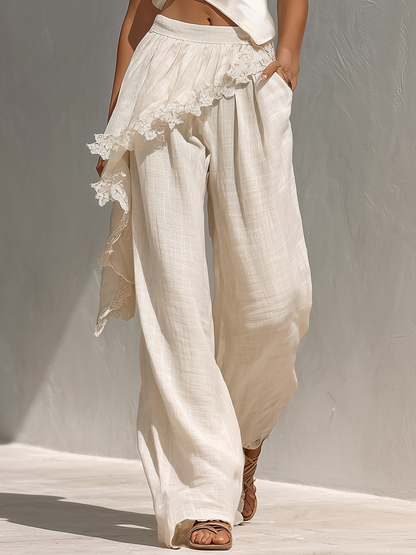 Conjunto Un Hombro con Puntilla y Pantalón Wide-Leg