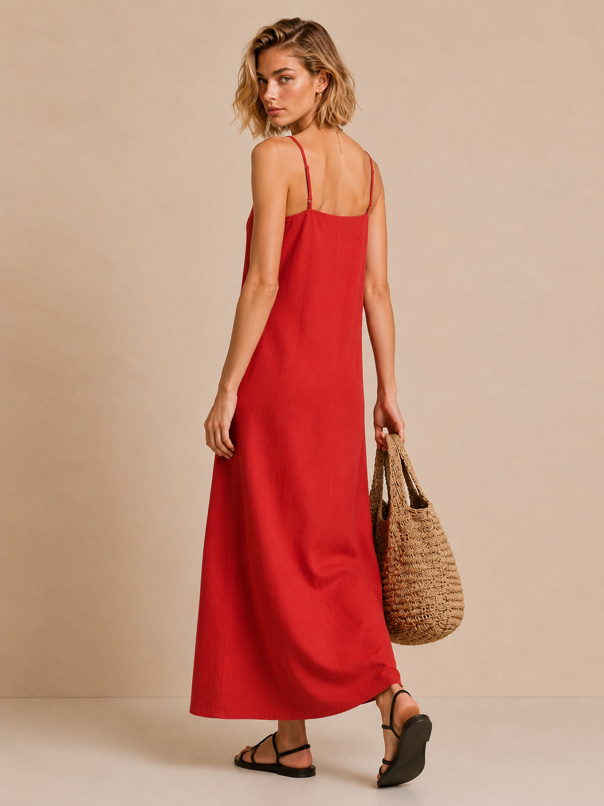 Vestido Maxi Rojo de Lino con Tirantes