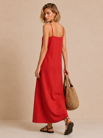 Vestido Maxi Rojo de Lino con Tirantes