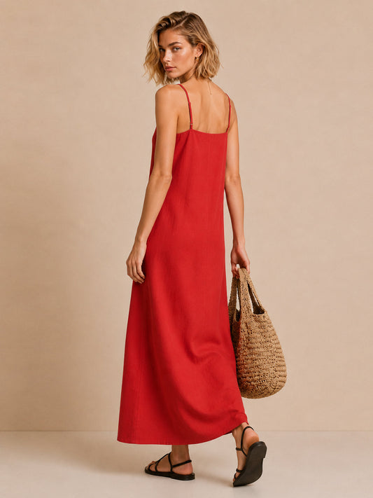 Vestido Maxi Rojo de Lino con Tirantes