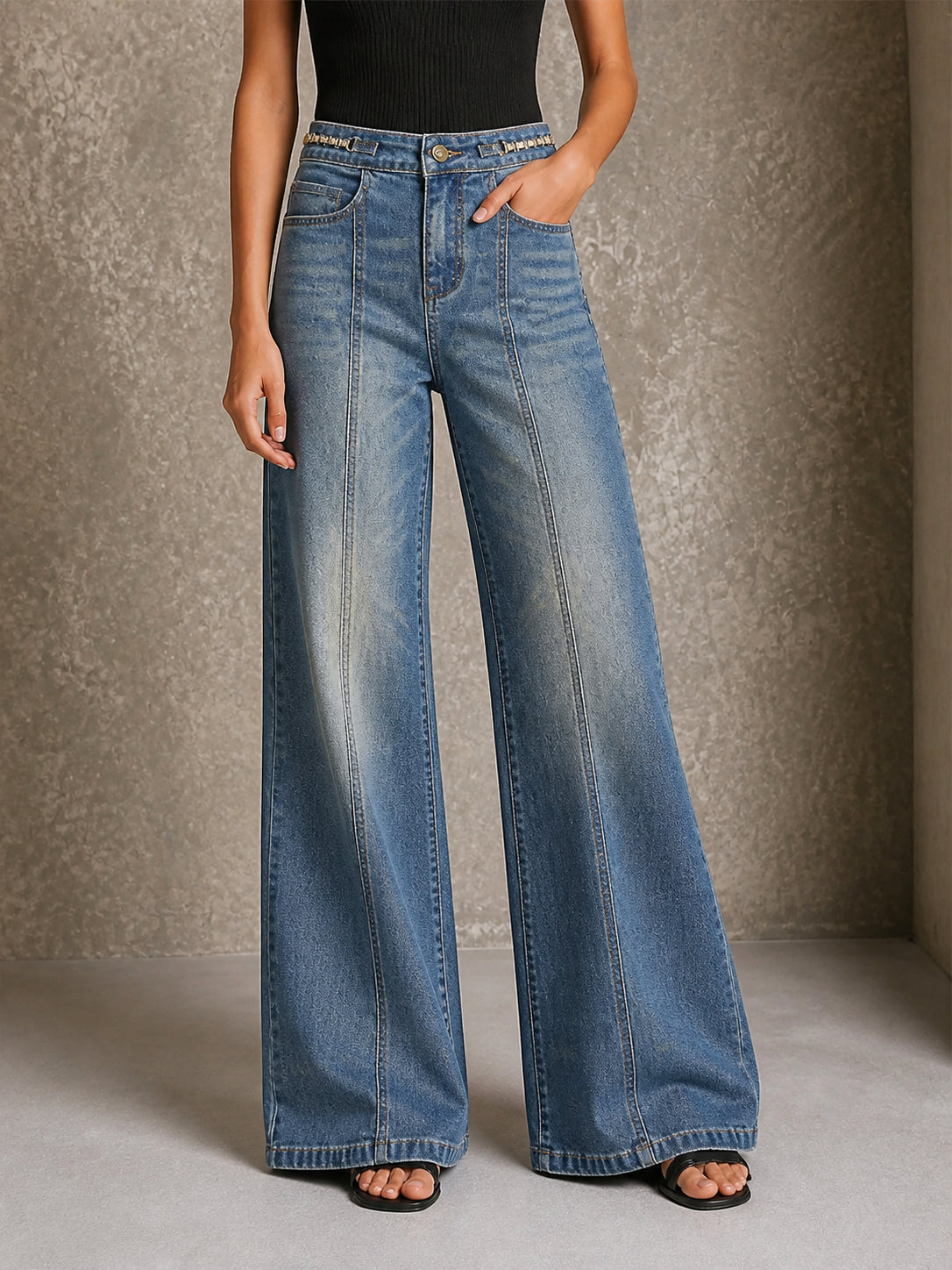 Jeans Acampanados Tiro Alto Lavado Vintage