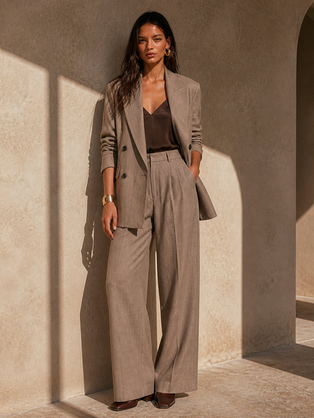 Conjunto Blazer Cruzado y Pantalón Wide-Leg de Tweed