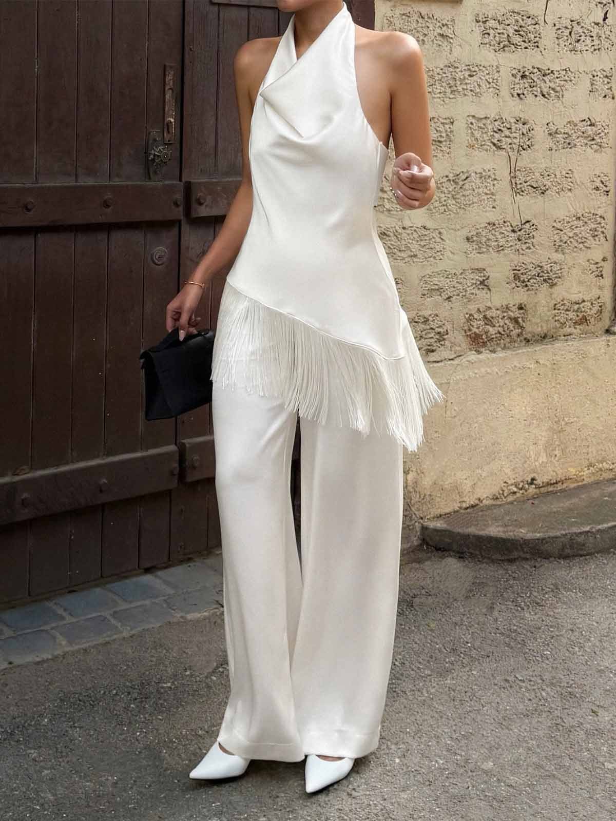 Conjunto Halter con Flecos y Pantalón Wide-Leg