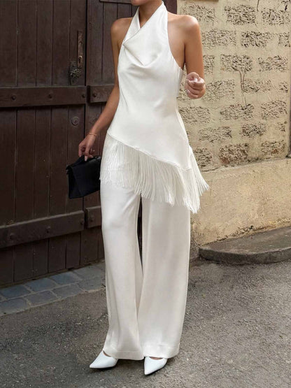 Conjunto Halter con Flecos y Pantalón Wide-Leg
