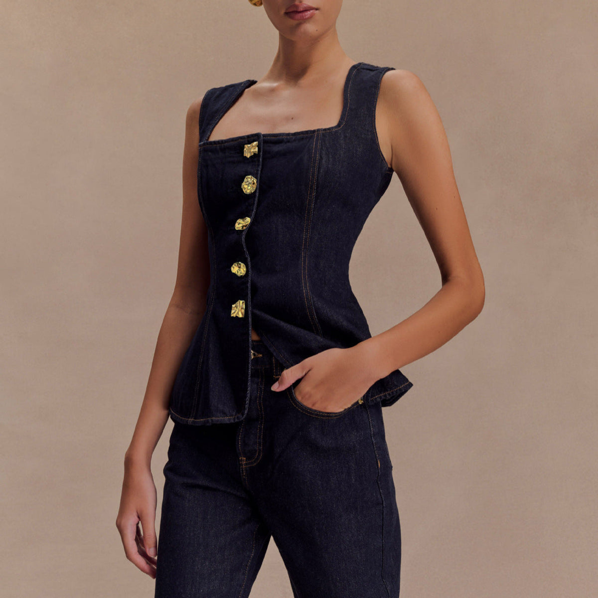 Conjunto Top Denim Peplum y Pantalón