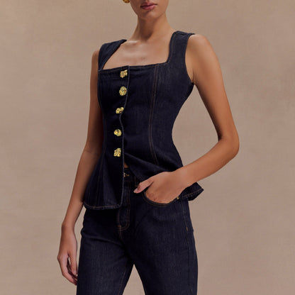 Conjunto Top Denim Peplum y Pantalón