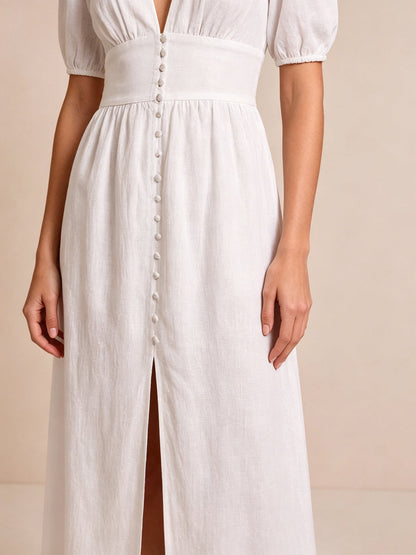 Vestido Midi Manga Abullonada Cuello en V