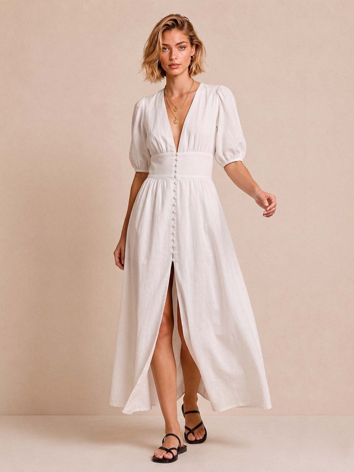 Vestido Midi Manga Abullonada Cuello en V