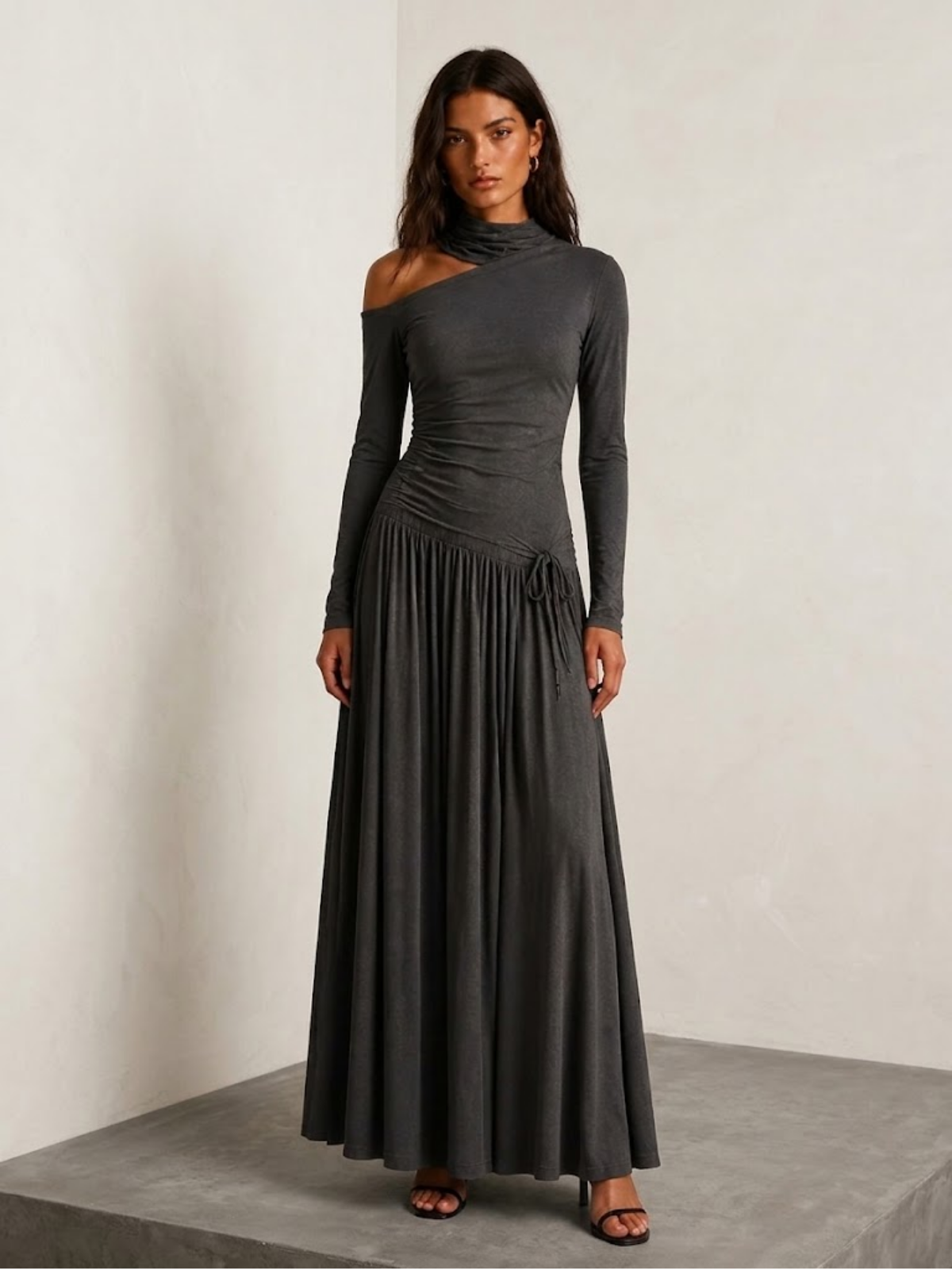 Vestido Maxi Drapeado de Un Hombro
