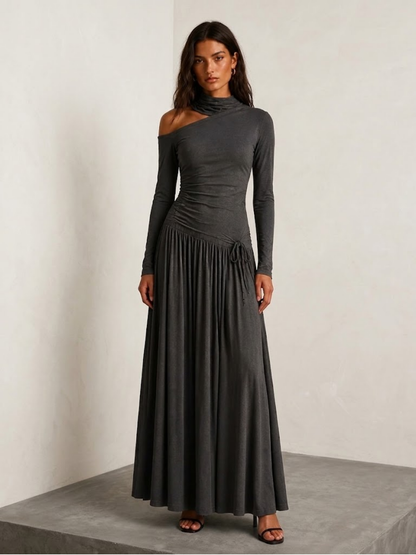 Vestido Maxi Drapeado de Un Hombro