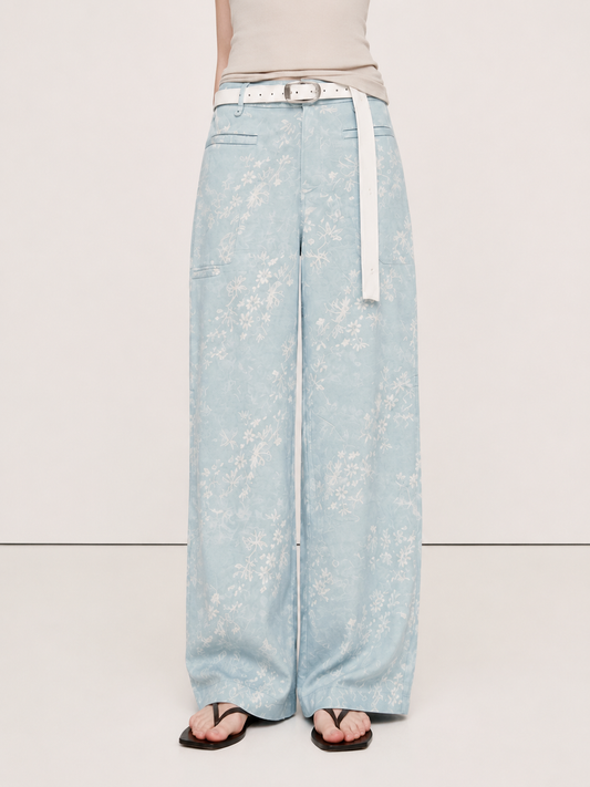 Pantalón Ancho Jacquard Floral con Cinturón