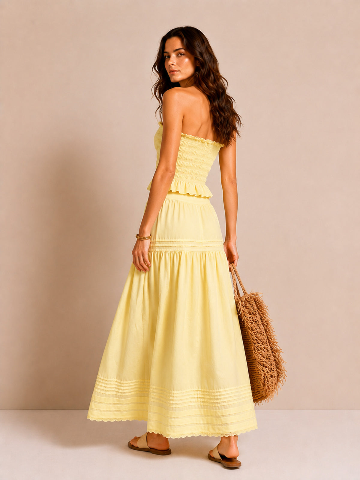 Vestido Maxi Fruncido Sin Tirantes