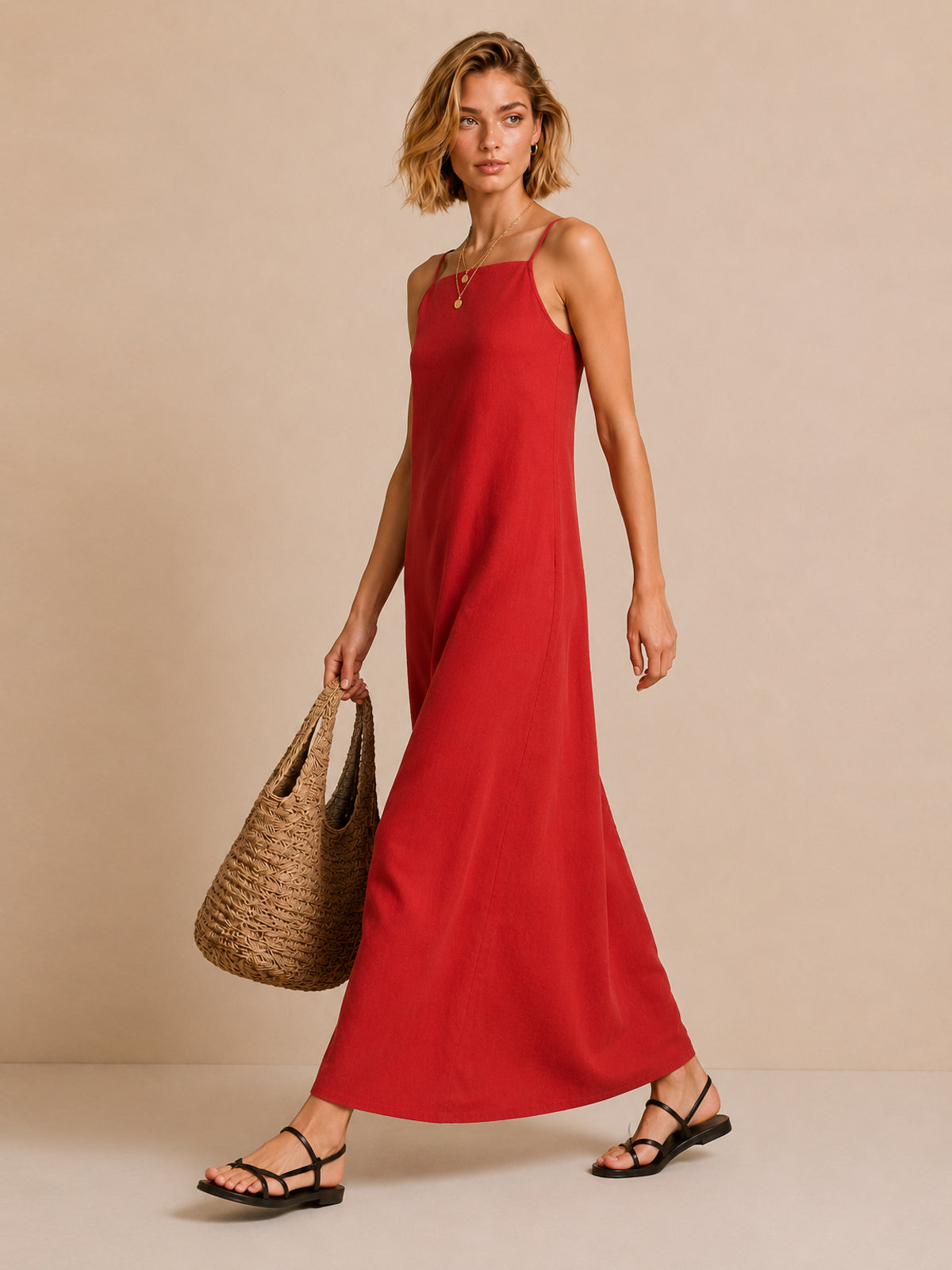 Vestido Maxi Rojo de Lino con Tirantes